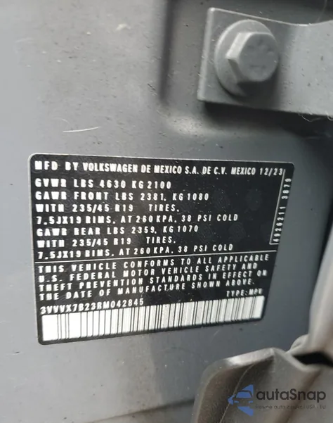 2024 Volkswagen Taos Se z USA, uszkodzony, nr VIN 3VVVX7B23RM042845